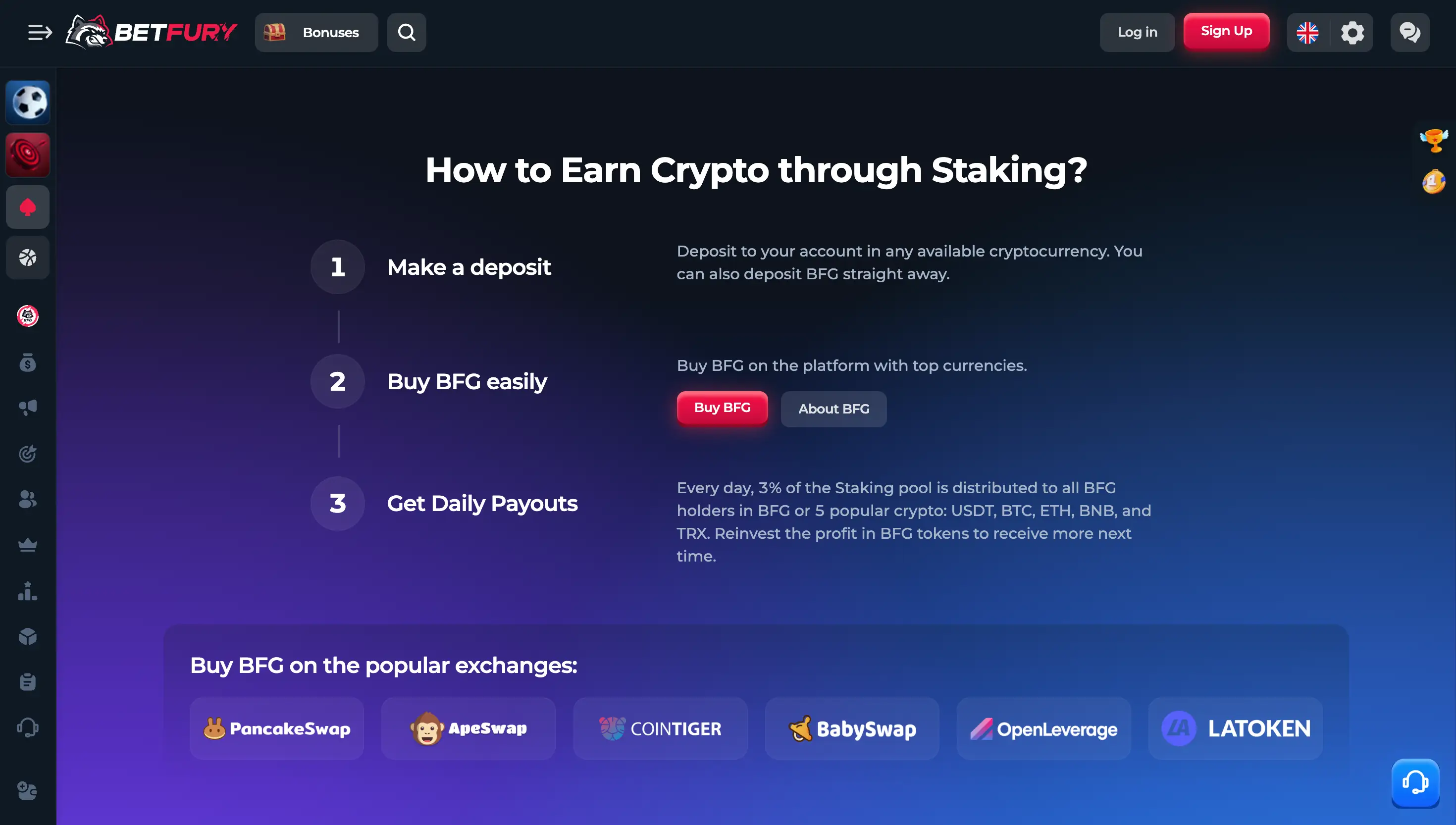 BetFury staking explanation showing how users earn from staking