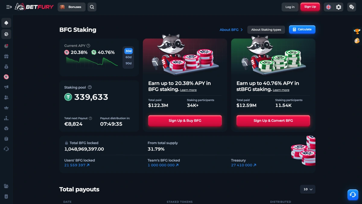 BetFury BFG Staking dashboard showing current APY, staking pool balance, BFG and stBFG options, locked tokens and payout information