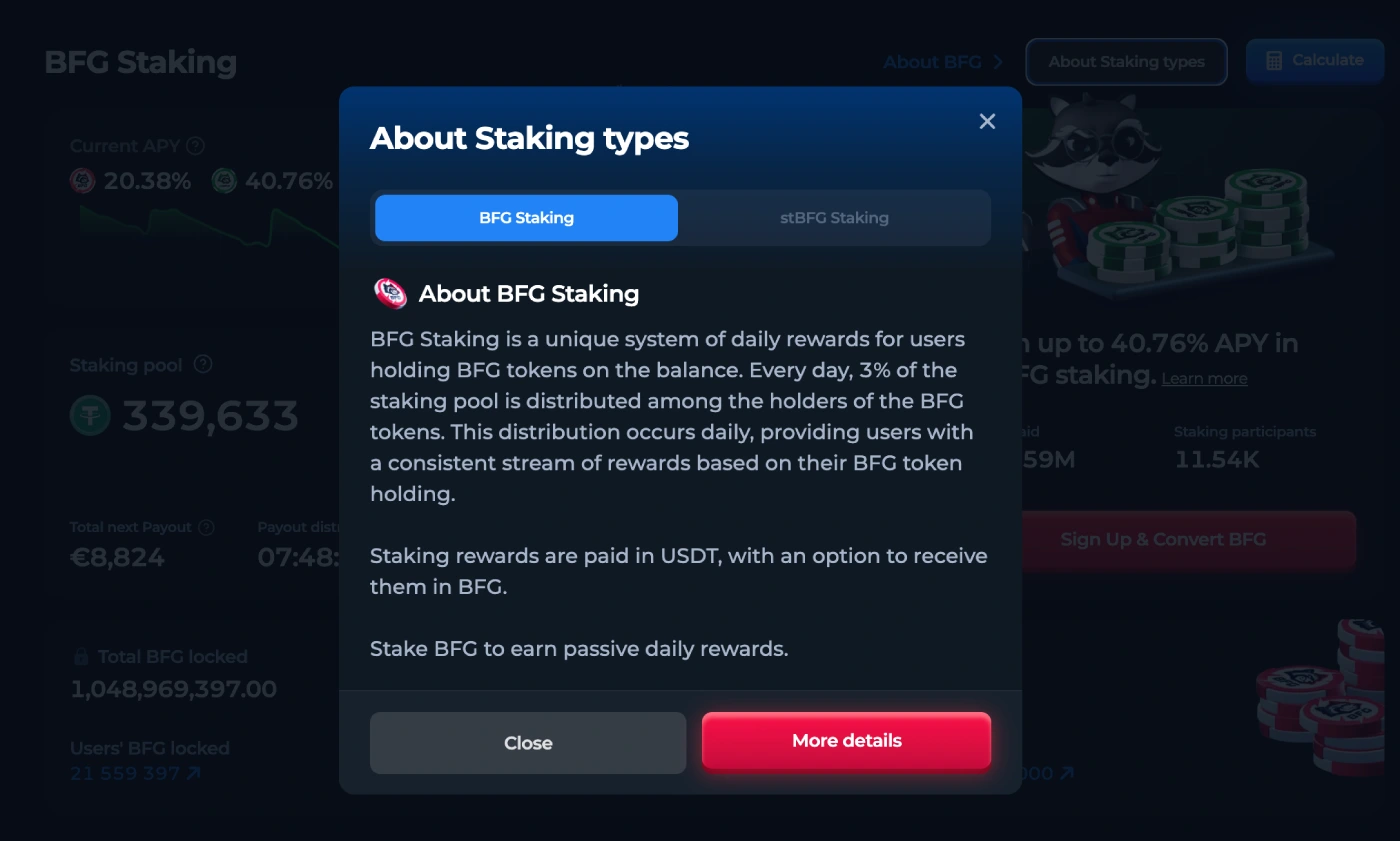 BetFury BFG Staking dashboard showing current APY, staking pool balance, BFG and stBFG options, locked tokens and payout information